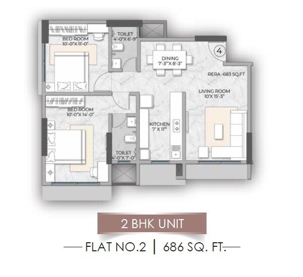 Floor plan of 2 BHK 686 Sq. Ft. Apartment in Hirani Dollars Avenue, Mumbai