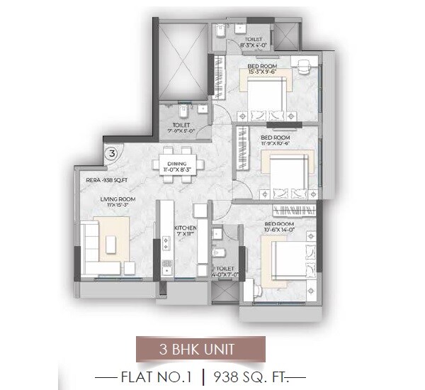 Floor plan of 3 BHK 938 Sq. Ft. Apartment in Hirani Dollars Avenue, Mumbai