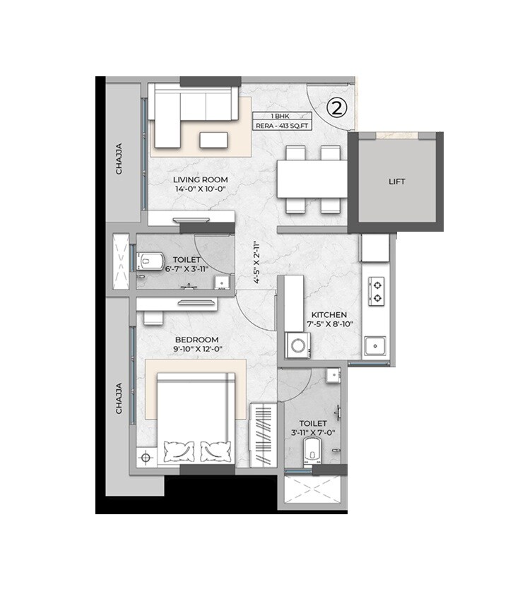1 BHK 413 Sq. Ft. Apartment