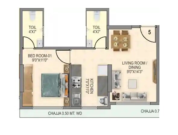 Floor plan of 1 BHK 376 Sq. Ft. Apartment in Hirani Om Sukhkarta Heights, Mumbai