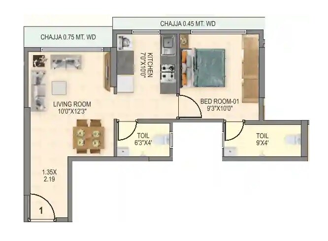 Floor plan of 1 BHK 397 Sq. Ft. Apartment in Hirani Om Sukhkarta Heights, Mumbai