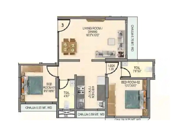 Floor plan of 2 BHK 537 Sq. Ft. Apartment in Hirani Om Sukhkarta Heights, Mumbai