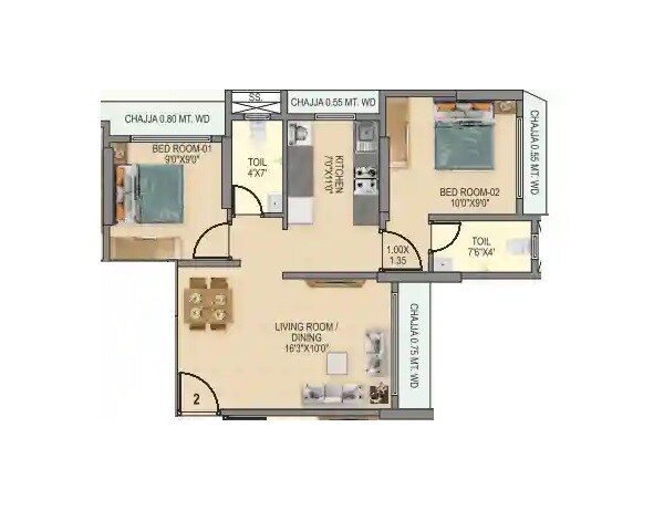 Floor plan of 2 BHK 539 Sq. Ft. Apartment in Hirani Om Sukhkarta Heights, Mumbai