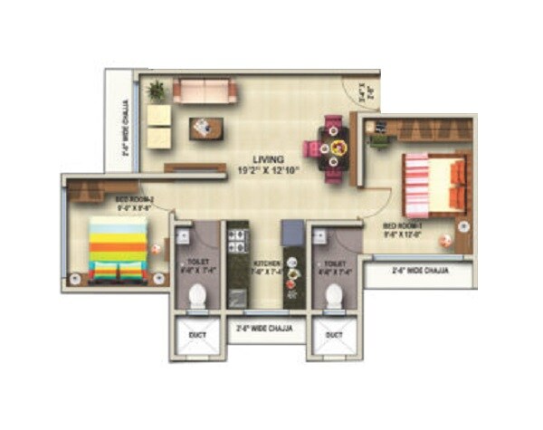Floor plan of 2 BHK 540 Sq. Ft. Apartment in Hirani Ruby CHS, Mumbai
