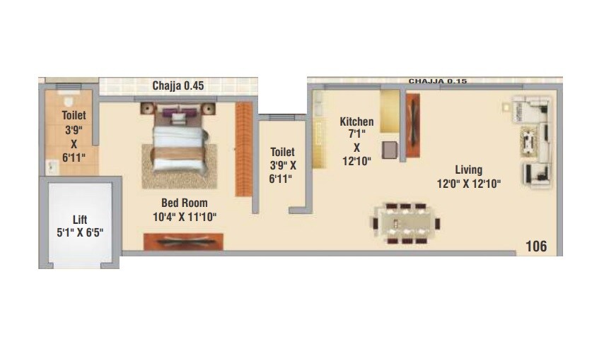 Floor plan of 1 BHK 450 Sq. Ft. Apartment in Hirani Sagar CHS, Mumbai