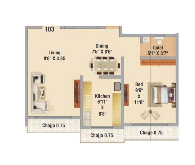 Floor plan of 1 BHK 466 Sq. Ft. Apartment in Hirani Sagar CHS, Mumbai
