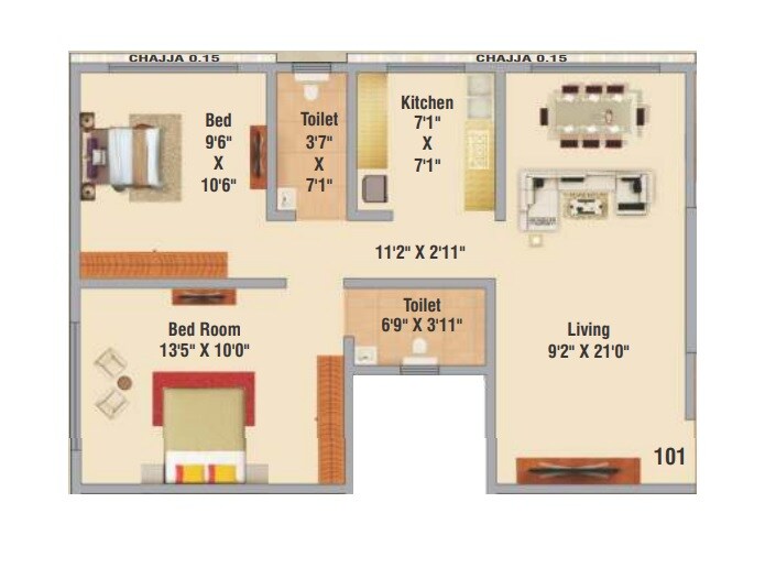 Floor plan of 2 BHK 598 Sq. Ft. Apartment in Hirani Sagar CHS, Mumbai