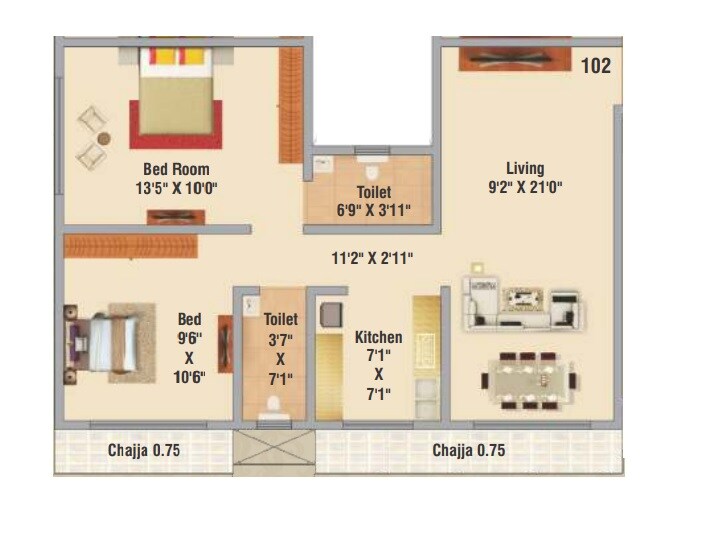Floor plan of 2 BHK 622 Sq. Ft. Apartment in Hirani Sagar CHS, Mumbai