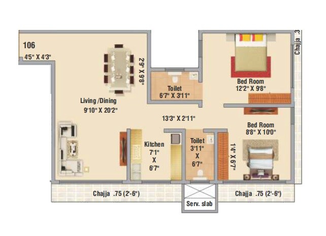 2 BHK 633 Sq. Ft. Apartment