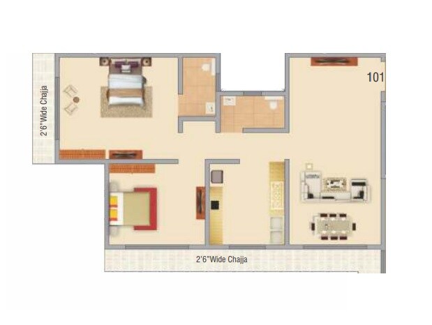 Floor plan of 2 BHK 563 Sq. Ft. Apartment in Hirani Swanand Oasis, Mumbai