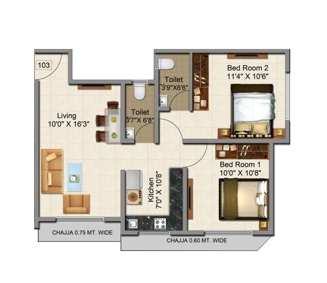 2 BHK 571 Sq. Ft. Apartment