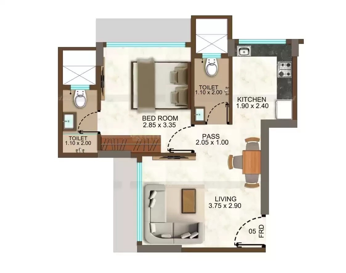 Floor plan of 1 BHK 353 Sq. Ft. Apartment in Hirkani Co-Operative Housing Society, Mumbai
