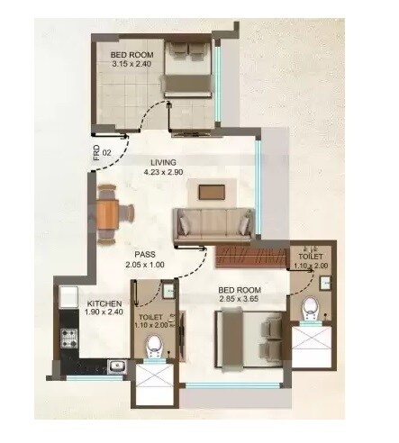 Floor plan of 2 BHK 464 Sq. Ft. Apartment in Hirkani Co-Operative Housing Society, Mumbai
