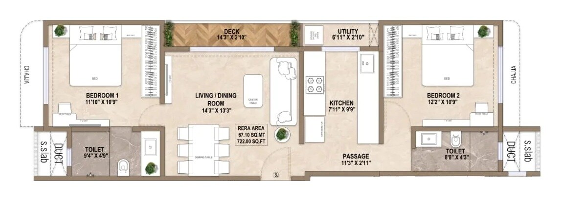Floor plan of 2 BHK 722 Sq. Ft. Apartment in HK Aaradhya Tower, Mumbai
