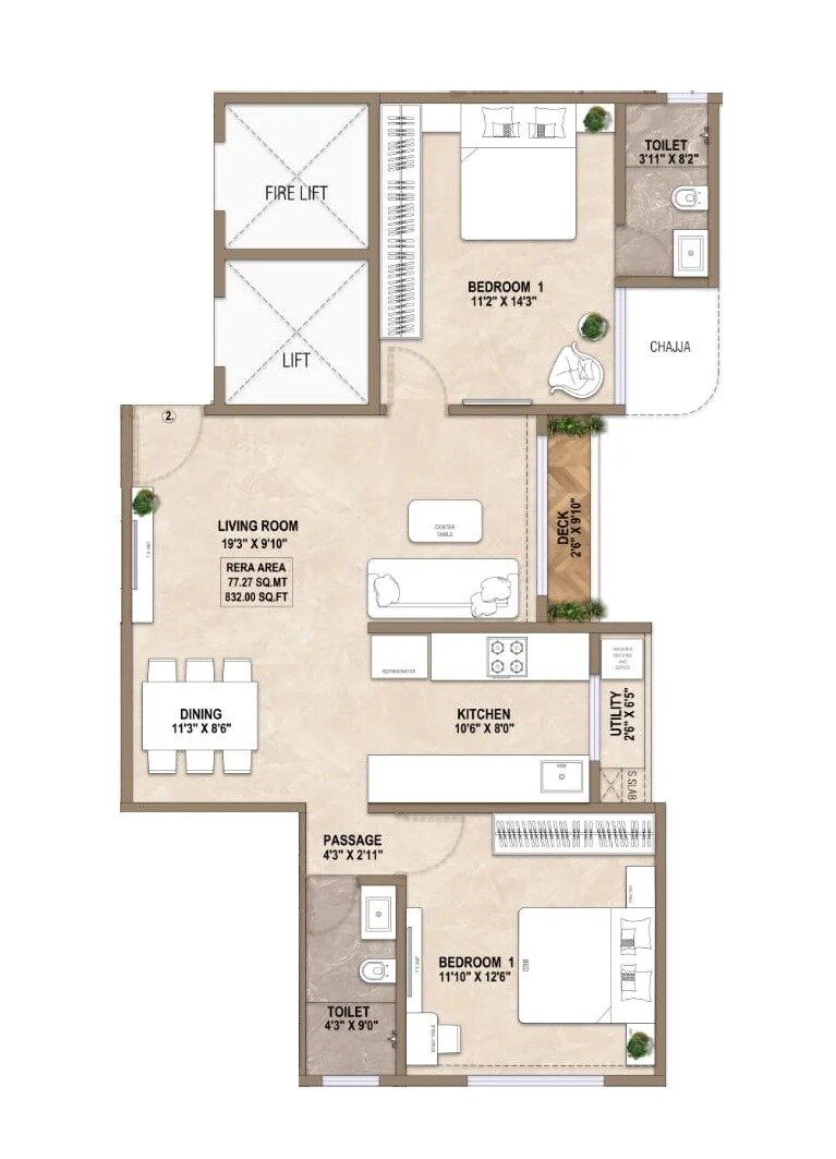 Floor plan of 2 BHK 832 Sq. Ft. Apartment in HK Aaradhya Tower, Mumbai