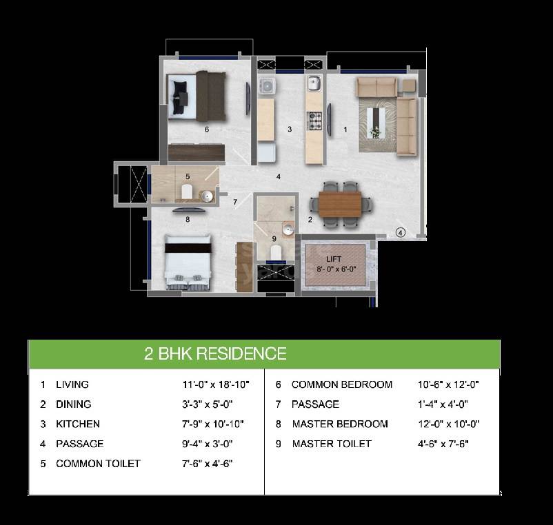 Floor plan of 2 BHK 683 Sq. Ft. Apartment in Horizon Atulya, Mumbai