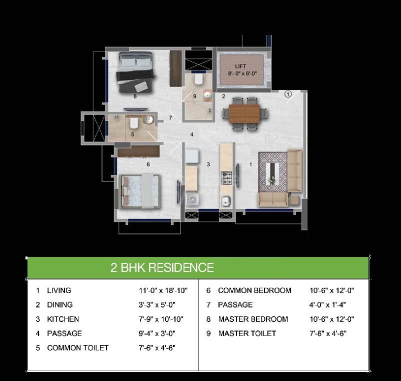 Floor plan of 2 BHK 705 Sq. Ft. Apartment in Horizon Atulya, Mumbai