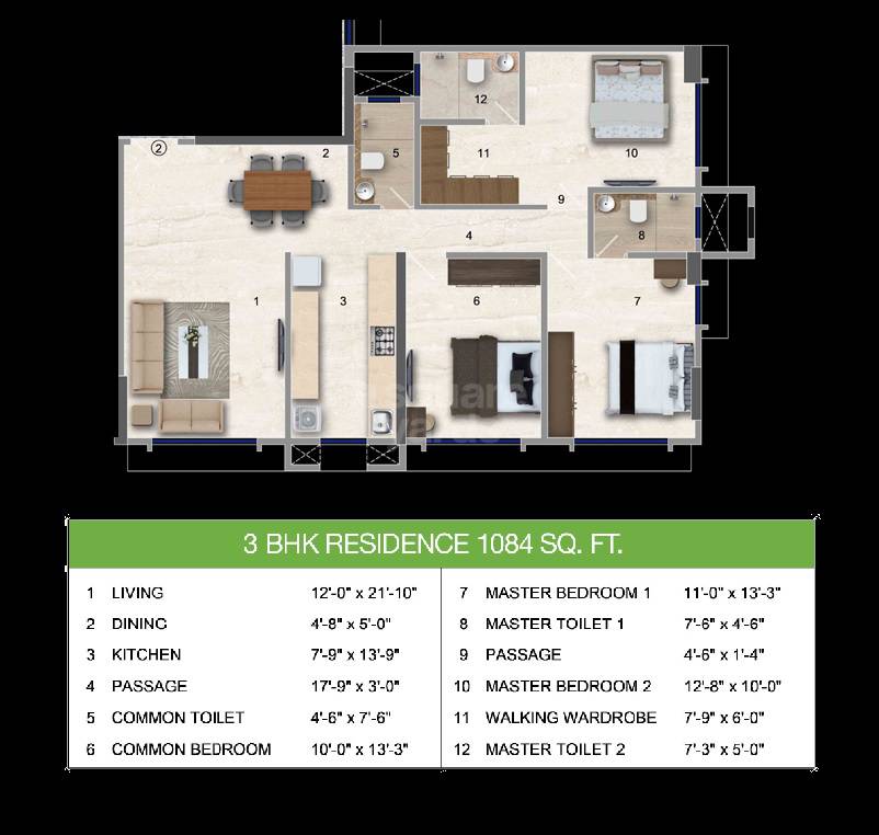 Floor plan of 3 BHK 1084 Sq. Ft. Apartment in Horizon Atulya, Mumbai