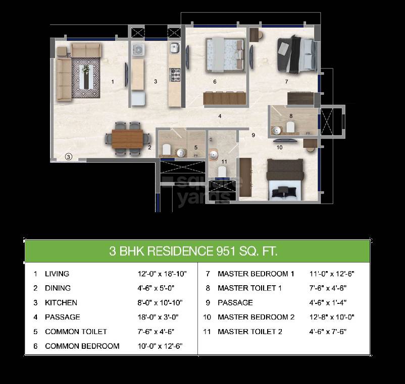 Floor plan of 3 BHK 951 Sq. Ft. Apartment in Horizon Atulya, Mumbai