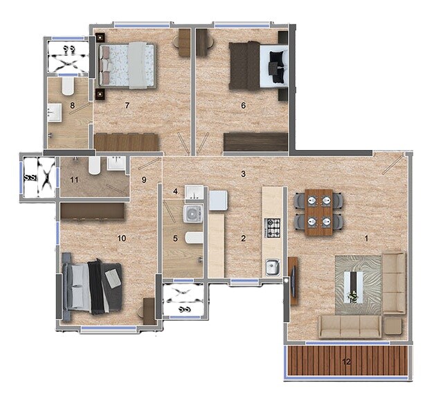 Floor plan of 3 BHK 891 Sq. Ft. Apartment in Horizon Garden View, Mumbai