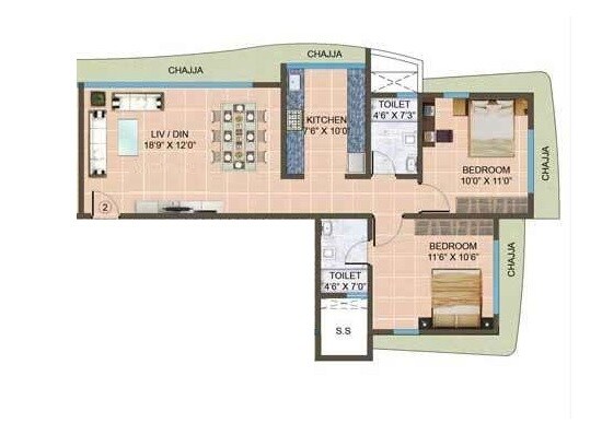 Floor plan of 2 BHK 690 Sq. Ft. Apartment in Horizon Samyak, Mumbai