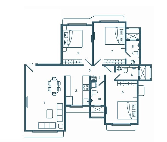 Floor plan of 3 BHK 1001 Sq. Ft. Apartment in Horizon Samyak, Mumbai