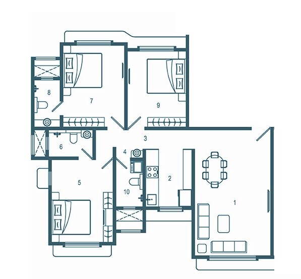 Floor plan of 3 BHK 890 Sq. Ft. Apartment in Horizon Samyak, Mumbai
