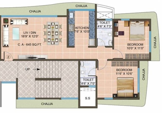 Floor plan of 2 BHK 645 Sq. Ft. Apartment in Horizon Spandan, Mumbai