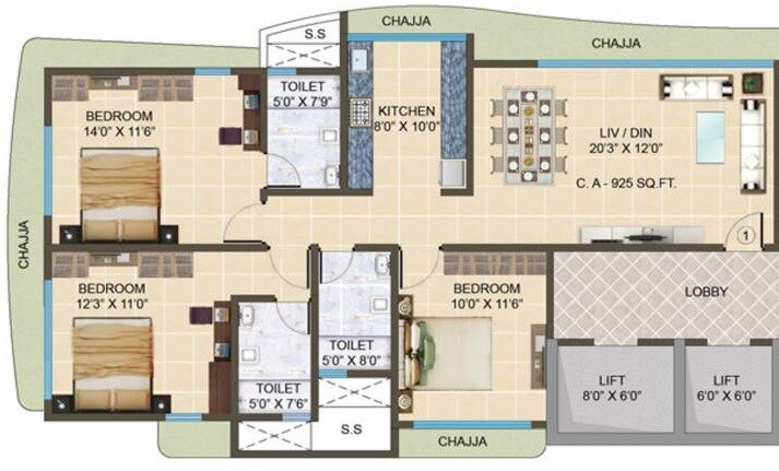 Floor plan of 3 BHK 925 Sq. Ft. Apartment in Horizon Spandan, Mumbai