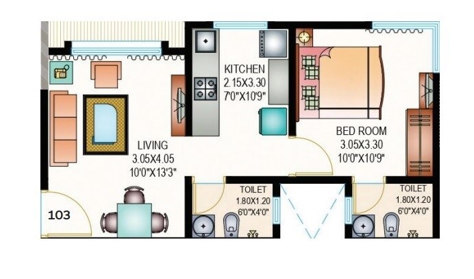 Floor plan of 1 BHK 384 Sq. Ft. Apartment in House Code Chitrakut CHS, Mumbai