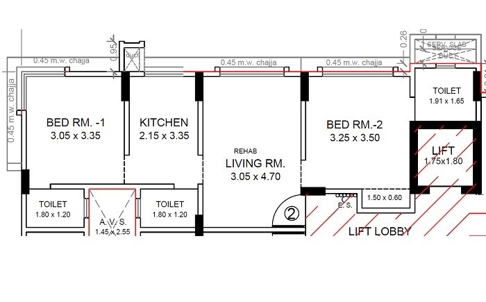 Floor plan of 2 BHK 573 Sq. Ft. Apartment in House Code Chitrakut CHS, Mumbai