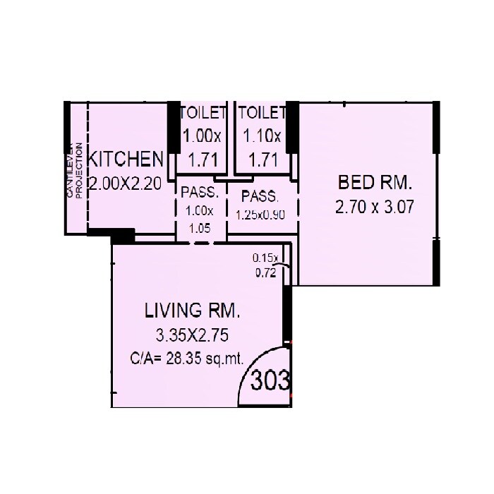 Floor plan of 1 BHK 305 Sq. Ft. Apartment in House Code Shree Samarth CHS, Mumbai