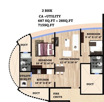 Floor plan of 2 BHK 667 Sq. Ft. Apartment in HPA Alena, Mumbai