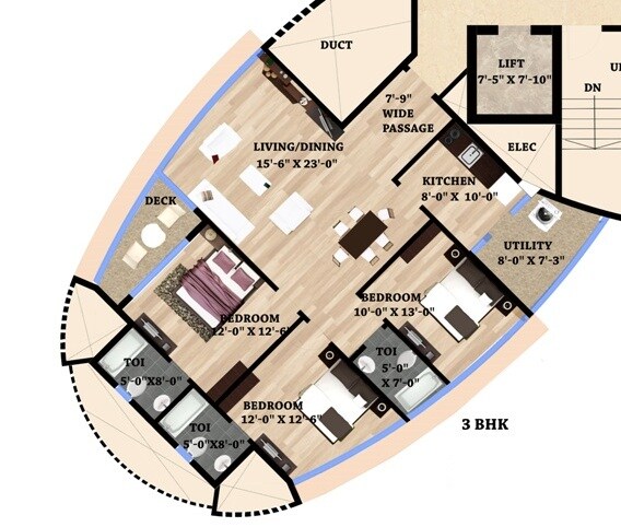 Floor plan of 3 BHK 1158 Sq. Ft. Apartment in HPA Alena, Mumbai