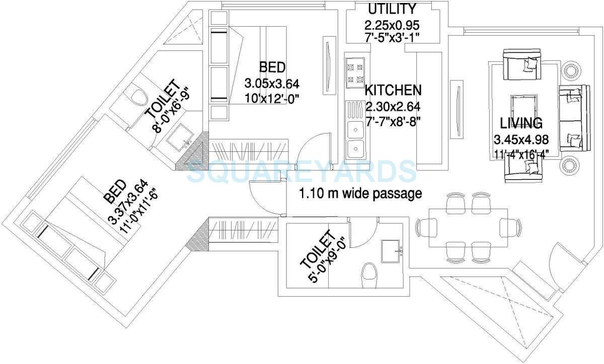 Floor plan of 2 BHK 770 Sq. Ft. Apartment in HPA Spaces Alena Residency, Mumbai