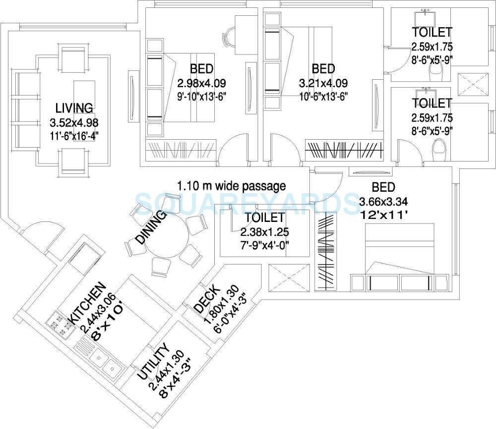 Floor plan of 3 BHK 1029 Sq. Ft. Apartment in HPA Spaces Alena Residency, Mumbai