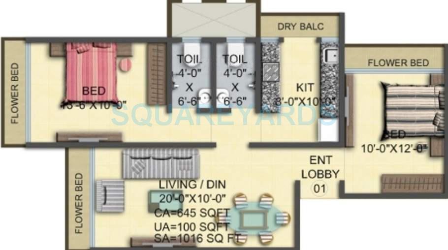 Floor plan of 2 BHK 1178 Sq. Ft. Apartment in HPA Spaces La Flor Residency, Mumbai