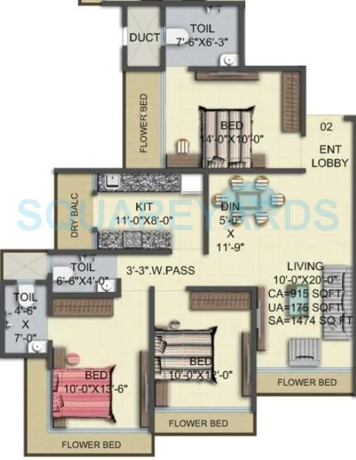 Floor plan of 3 BHK 1750 Sq. Ft. Apartment in HPA Spaces La Flor Residency, Mumbai