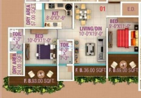 Floor plan of 2 BHK 1155 Sq. Ft. Apartment in HPA Spaces Lareina Residency, Mumbai