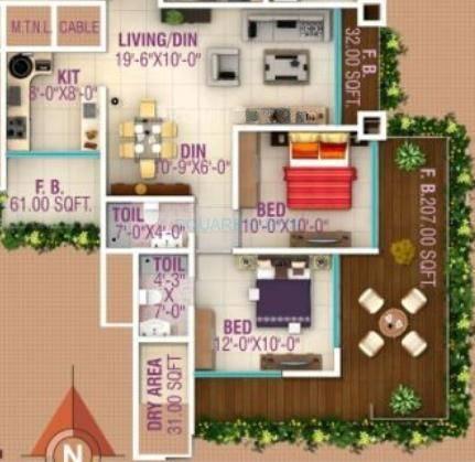 Floor plan of 2 BHK 1165 Sq. Ft. Apartment in HPA Spaces Lareina Residency, Mumbai
