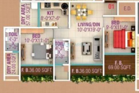 Floor plan of 2 BHK 1190 Sq. Ft. Apartment in HPA Spaces Lareina Residency, Mumbai