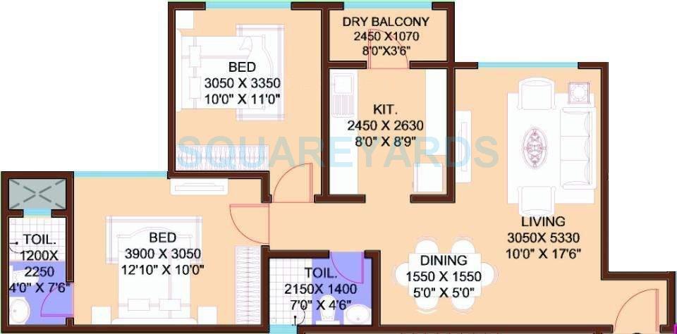 Floor plan of 2 BHK 536 Sq. Ft. Apartment in HPA Spaces Vicenza Regency, Mumbai