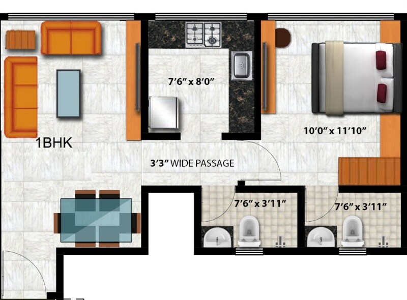 Floor plan of 1 BHK 444 Sq. Ft. Apartment in HPA Vicenza Regency, Mumbai