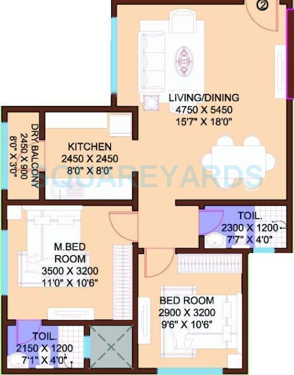 Floor plan of 2 BHK 739 Sq. Ft. Apartment in HPA Vicenza Regency, Mumbai