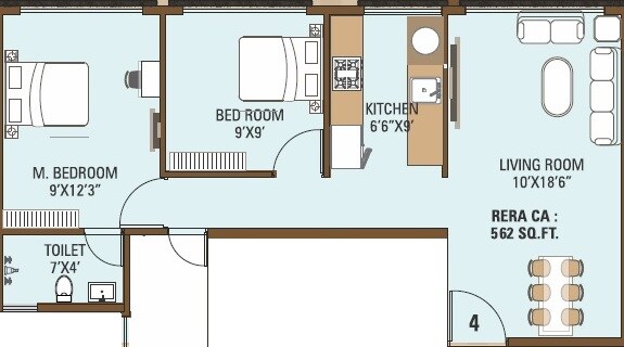 Floor plan of 2 BHK 562 Sq. Ft. Apartment in HS Alag, Mumbai