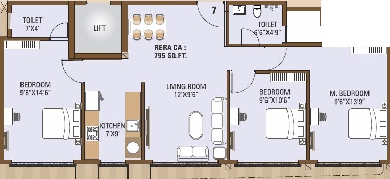Floor plan of 3 BHK 795 Sq. Ft. Apartment in HS Alag, Mumbai