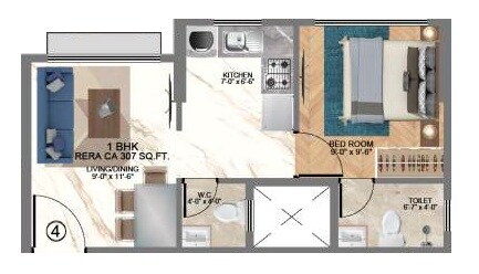 Floor plan of 1 BHK 307 Sq. Ft. Apartment in HS Emerald, Mumbai