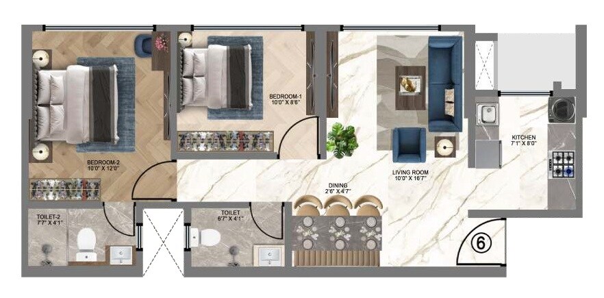 Floor plan of 2 BHK 566 Sq. Ft. Apartment in HS Heritage, Mumbai