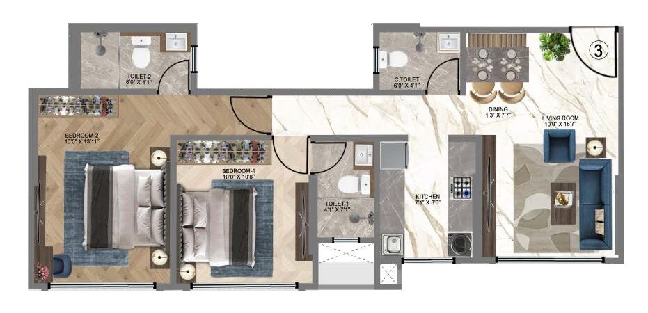 Floor plan of 2 BHK 669 Sq. Ft. Apartment in HS Heritage, Mumbai