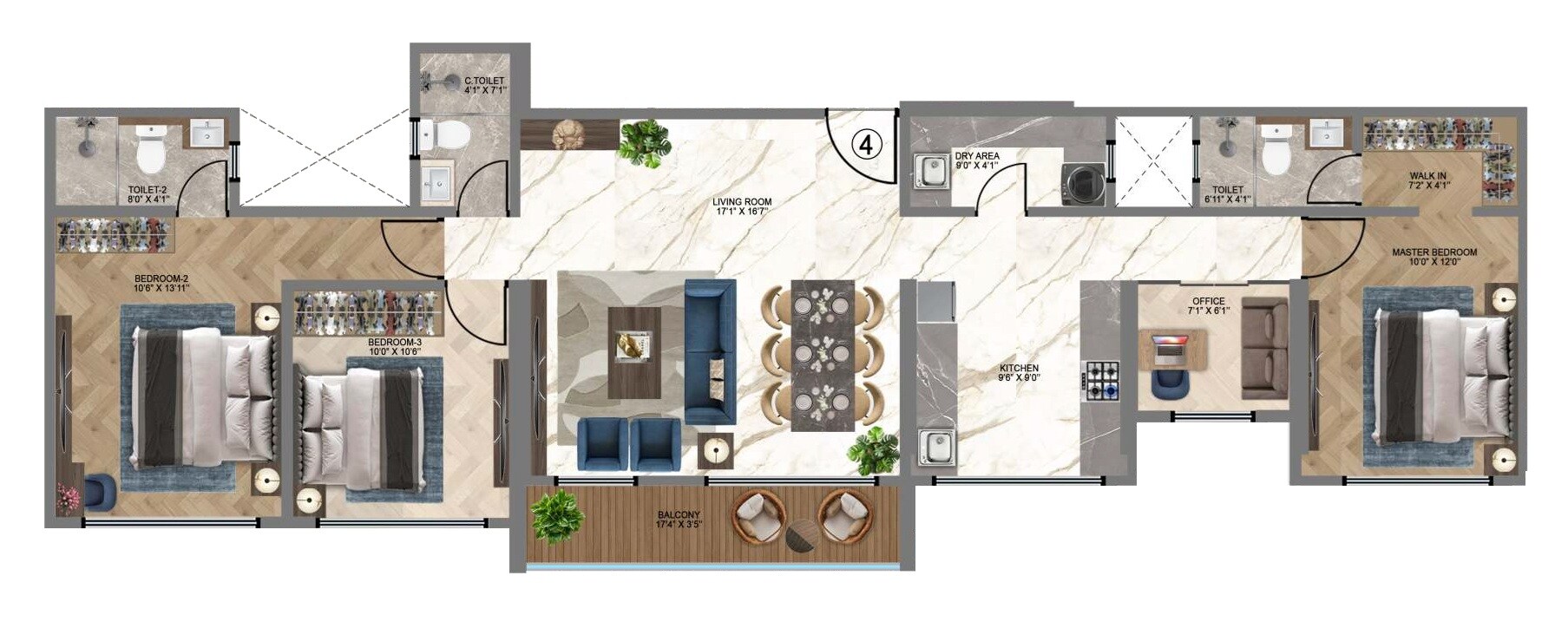 Floor plan of 3 BHK 1160 Sq. Ft. Apartment in HS Heritage, Mumbai
